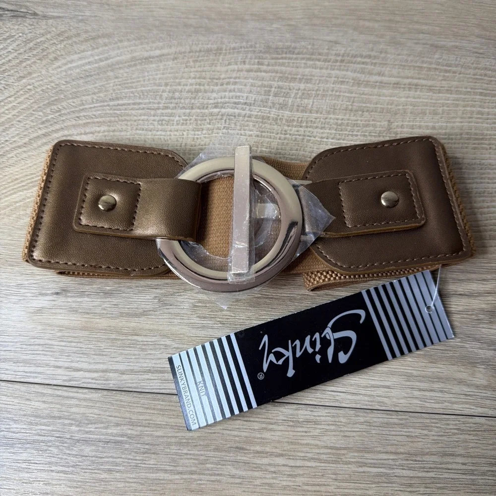 Slinky Belt Knit Brown Cinch Wide Elastic‎ Bronze Metallic Buckle Glam One Size